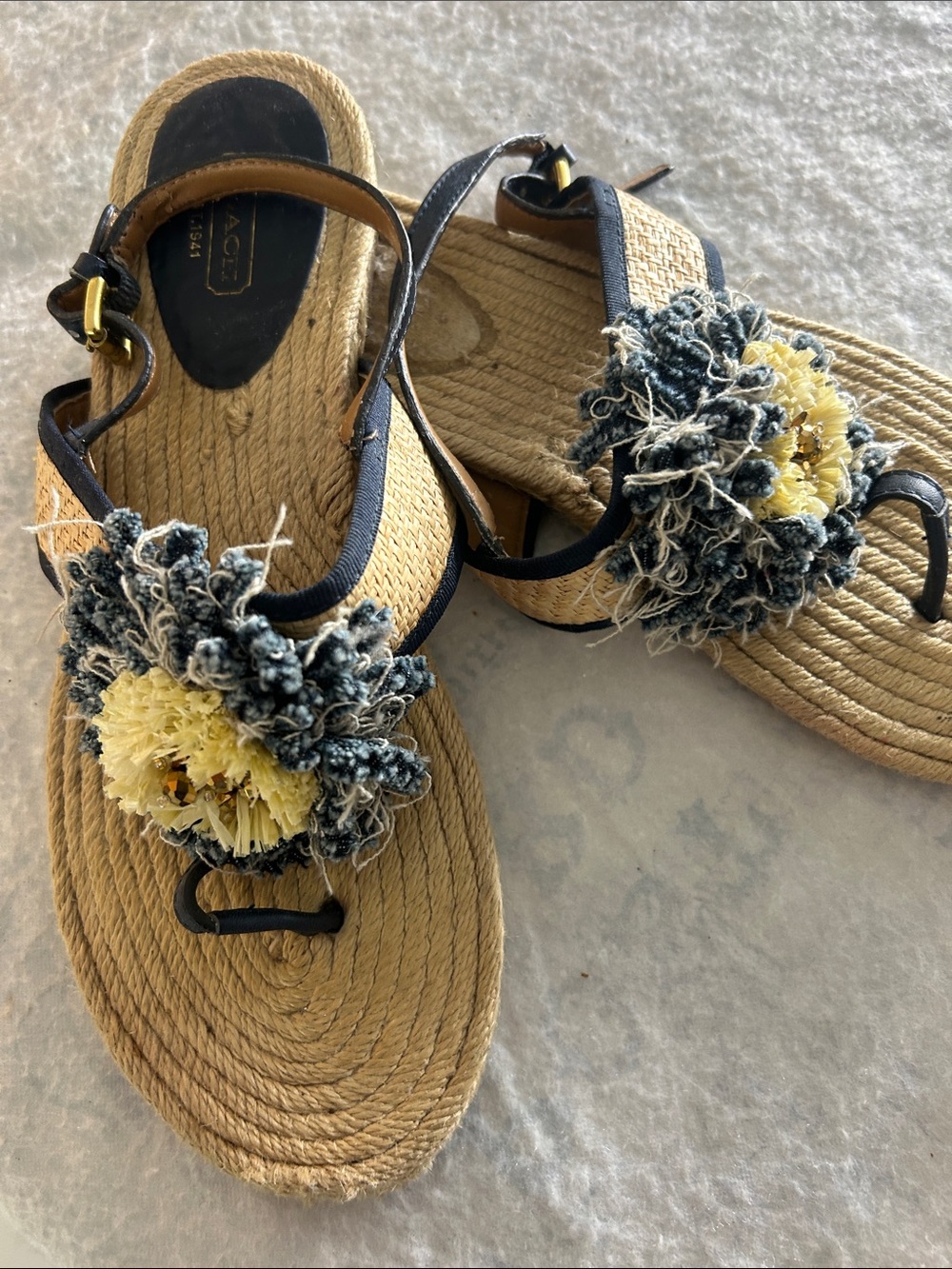 Coach Tan Espadrille-Style Sandals with Navy Straps and Yellow Floral Pom